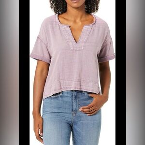 Splendid Women's Open V Neck Short Sleeve Mixed Media Top Mineral Fig size Small